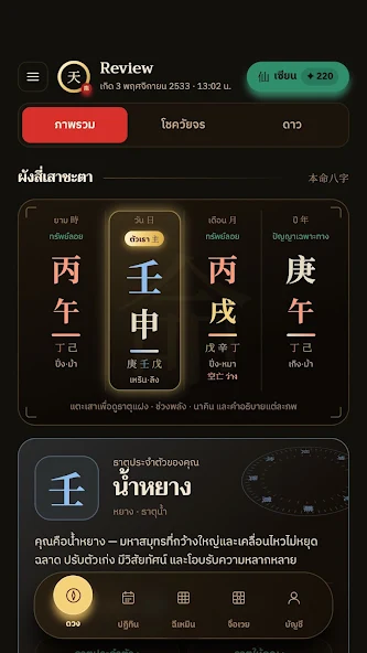 หน้าแอป Tianji9 แสดงผังปาจื้อสี่เสาและธาตุน้ำหยางของดวงสาธิต